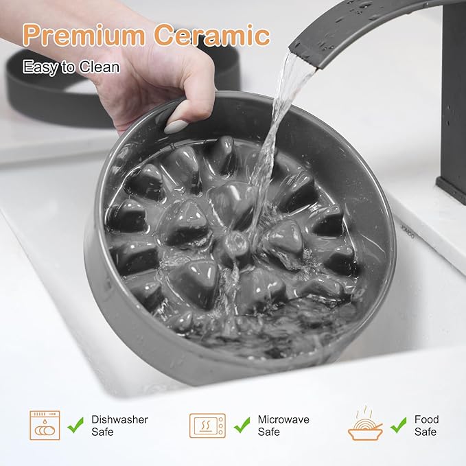 Sted Ceramic Slow Feeder Dog Bowls with Silicone Base, Slow Feeding Dog Bowl Small Medium Breed, Dog Food Bowls for Fast Eaters, Slow Down Eating, Puzzle Dog Food Bowl, Maze Grey