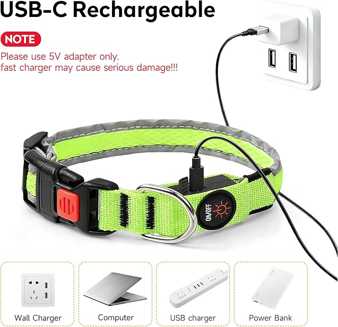 LED Dog Collar, Light Up Dog Collar USB Rechargeable, Nylon Adjustable Comfortable Soft Bright RGB 7 Colors Changeing Safety Light Glowing Collar for Medium and Large Dogs(Large,Green)