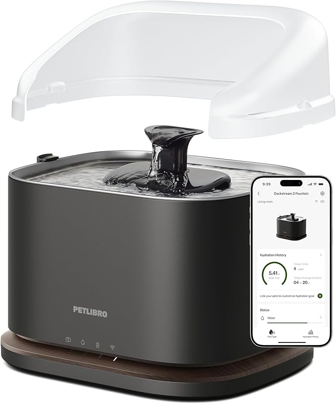 PETLIBRO Upgrade Cordless Cat Water Fountain + Splash Shield, Cat Fountain App Monitoring 3L/101oz Dockstream 2 Pet Water Fountain with Stainless Steel Tray, Shield Prevent Water Spills
