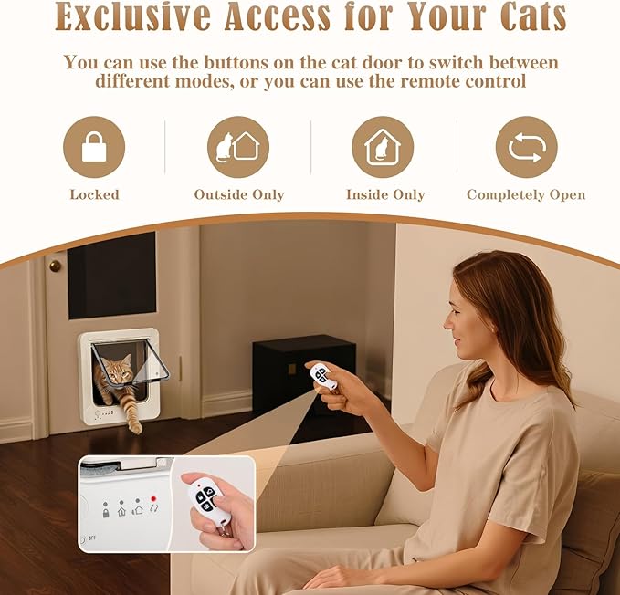 Smart Cat Door for Interior & Exterior, Flap Opening is 7.67’’ (H) by 7'' (W), Microchip Cat Pet Door with 3 RFID Collar Sensor Keys & 1 Remote & 4 Way Locking Cat Flap, Automatic Opening Cat Door