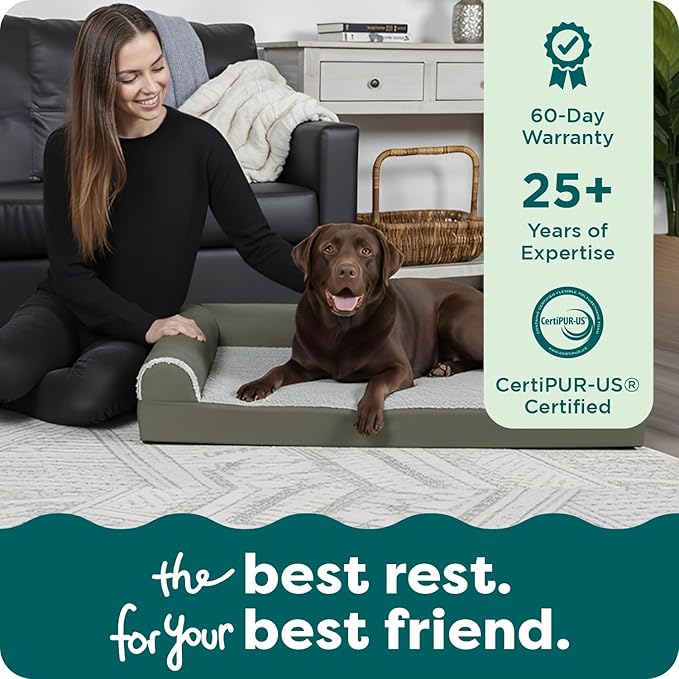 FurHaven Orthopedic Dog Bed for X-Large Dogs, L-Shaped Chaise Contour Mattress with Egg Crate Orthopedic Memory Foam for Joint Support, Removable Washable Cover, Jumbo XL, Faux Fur & Suede, Dark Sage