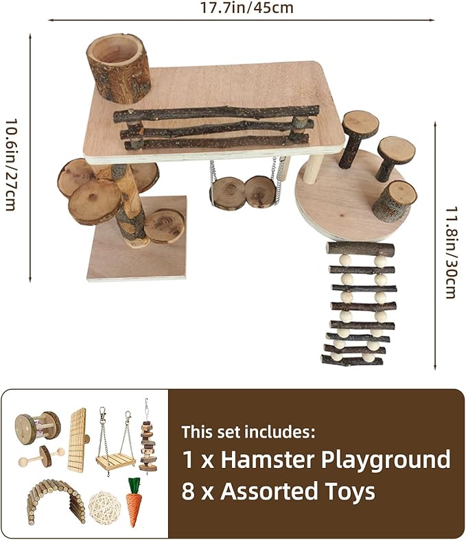 Hamster Playground & Climbing Toys Set, Natural Wooden Small Animal Activity Center with Ladder, Bridge, Ramp, Food Bowl, Multi-Room Hideout for Mice, Gerbils, Rats - Hamster Cage Accessories