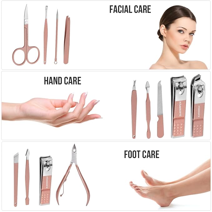 FAMILIFE Manicure Set, Professional Nail Kit Stainless Steel Nail Clipper Set, 13PCS Beauty Tools Manicure Kit Pedicure Tools, with Portable Pink Leather Travel Case for Her