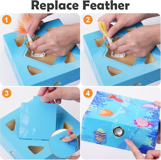 Migipaws MigiBox Cat Toy with PopSkin, Interactive Kitten Toy for Indoor Cats, Automatic Pop Out Feathers from 7 Holes Randomly, Pounce Mystery Under Cover to Stimulate Bored Furry, Rechargable