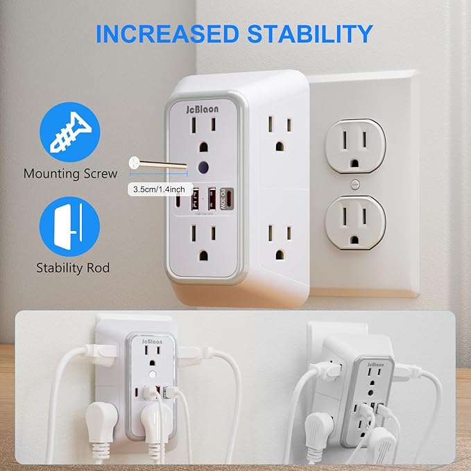 JcBlaon Surge Protector Outlet Extender 6 Outlet Extender with 4 USB Ports (PD 30W), 3 Sided 1050J Multi Plug Wall Adapter Power Strip for Home Travel Office Essentials