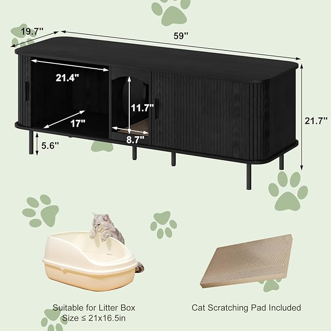 Double Cat Litter Box Enclosure Furniture, 59" Large Hidden Litter Box Furniture with Scratching Pad, Wood Pet House for 2 Cats, Indoor Modern Cabinet TV Stand for Living Room, Black