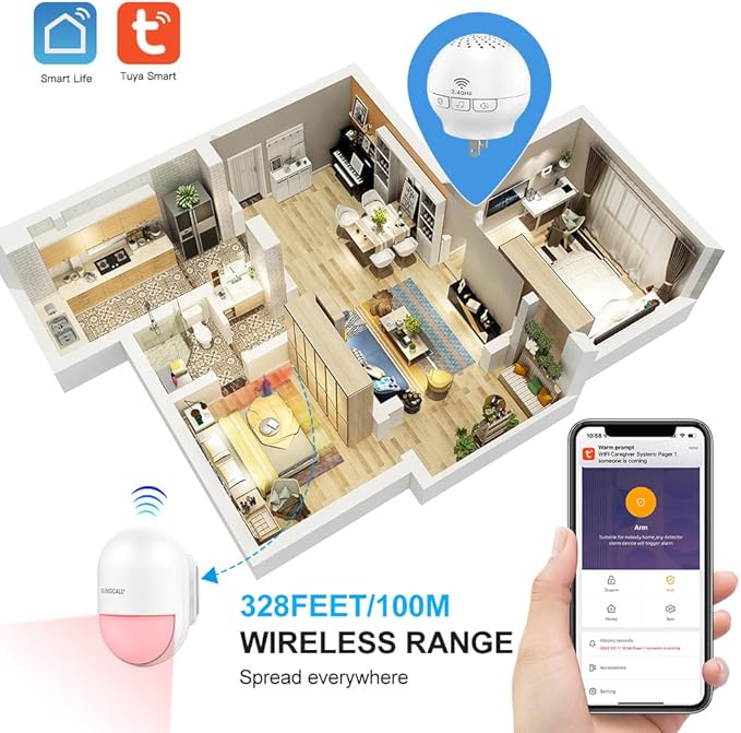 SINGCALL Wireless Motion Sensor Alarm Driveway Alarm Indoor Smart Motion Sensor Detector 2.4G WiFi Wireless System Home Security Alert Bell