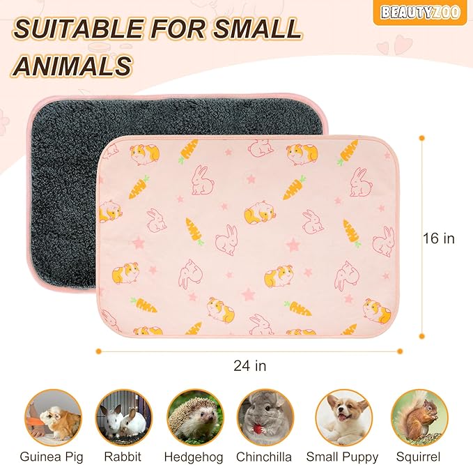 BEAUTYZOO 2 Pack Guinea Pig Cage Liners, Washable Reversible Fleece Guinea Pig Bedding, Waterproof Super Absorbent Pee Pads for Small Animals Rabbit Hamster Bunny - 16"x24" Pink