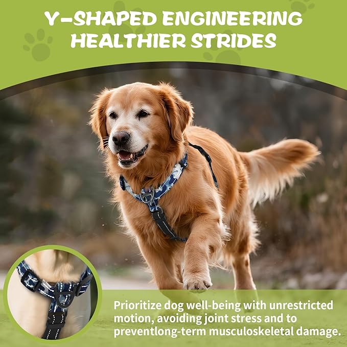 No-Pull Harness,Y-Shaped Design,Buckle-Neck Balance Harness with Reflective Stitching, Ideal for Dog Training and Night Walking, Padded Handle, Durable High-Tensile Nylon-Blue Camo-S