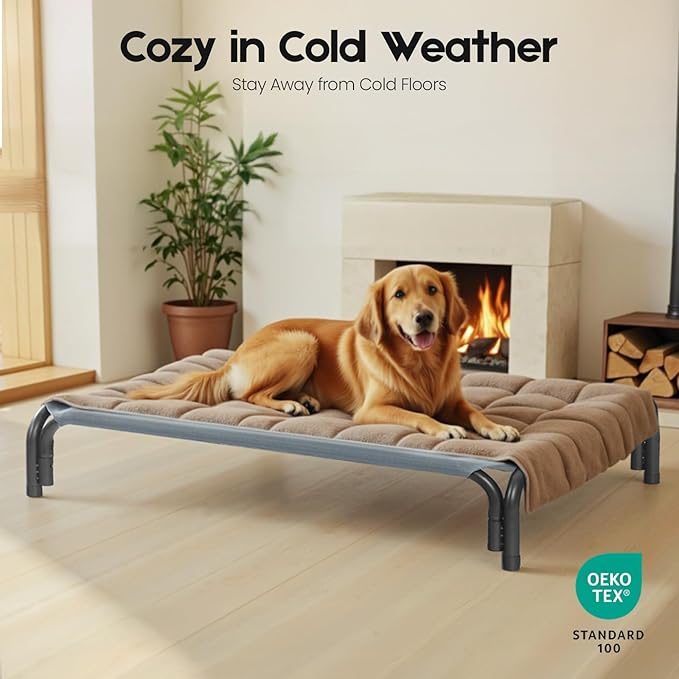 Elevated Dog Bed Raised Outdoor Dog Cot for Large Dogs, Installation Requires No Tools, Frame with Washable Cooling Breathable Mesh Anti-Slip Feet, Indoor Pet Bed, Grey, 43.3 Inches