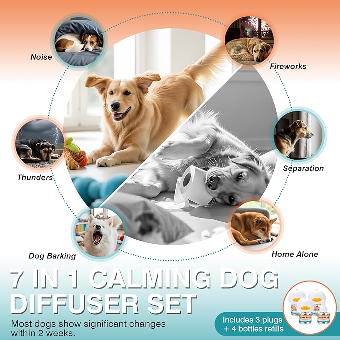 Diffuser Dog Calming Pheromones to Calm Pet 7 in 1 Advanced Kit Appeasing Pheromone Diffuser for Anxiety Relief (3 Plug in+4 Pack 48ml Refill) Reduce Aggression Fighting Barking Stress