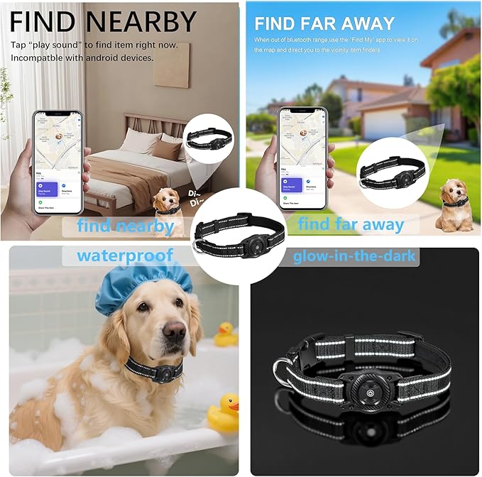 Tracking Collar for Dogs Waterproof Adjustable Air Tag Dog Collar Holder, Comfortable Dog Collars for Small Medium Large Dogs (Black, L)