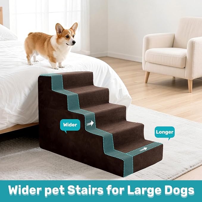 Dog Stairs for Bed, Extra Wide 5-Step Dog Steps for High Bed, High-Density Foam Pet Stairs with Non-Slip Removable Washable Cover for Small Pets, 23" H, Brown