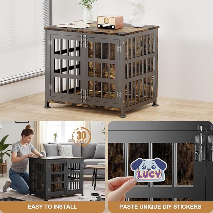 27" Dog Crate Furniture for Small Dogs, Heavy Duty Dog Cage for Small & Medium Dogs with Wheels, Indoor Puppy Crate, 26.6" L x 20.9" W x 23.8" H, Decorate House as TV Stand, End Table — Rustic Brown