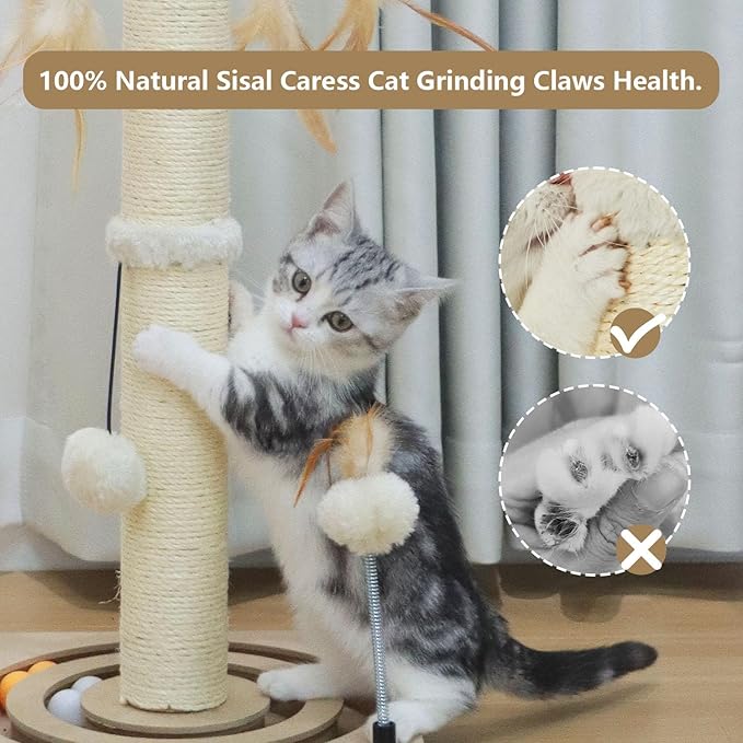 PEEKAB Cat Scratching Post Sisal Scratch Posts for Indoor Cats and Kittens with Tracking Ball Interactive Toys and Hanging Balls 25 Inches Beige