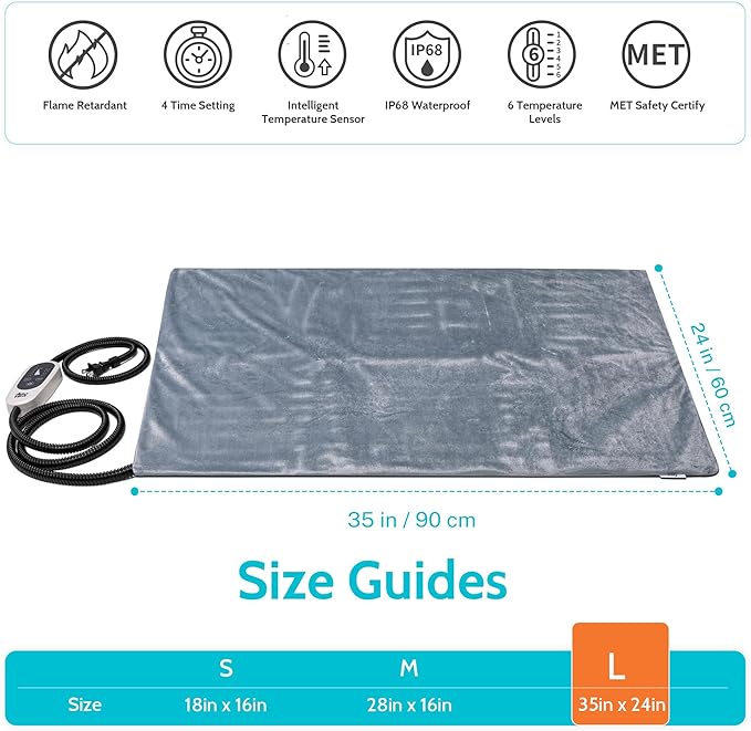 Pet Heating Pad, 6 Adjustable Temperature Indoor Heated Pad with Timer, for Cats and Dog with Chew Resistant Cord (L: 35" x 24")