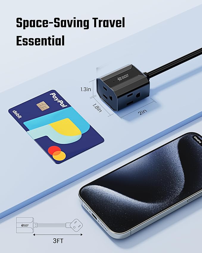 Extension Cord 3ft SUPERDANNY Mini Power Strip Ultra Right Angled Flat Plug for Tight Spaces,Indoor Extension with 3 Outlets,for Office Home Appliances,Non Surge Protector for Travel Cruise,Black