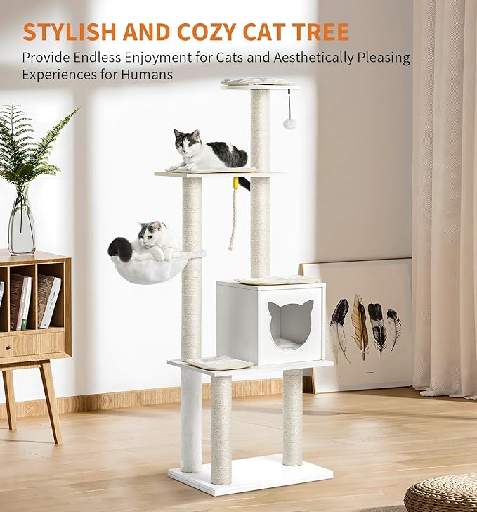 Made4Pets Cat Tree, Modern Cat Tree Tower for Indoor Cats - 65" Tall Wood Condo with Hammock, Scratching Post and Removable Pads for Small Large Cats, White
