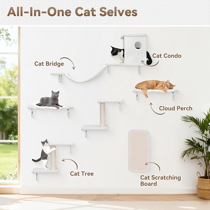6-in-1 Cat Wall Shelves, Wall-Mounted Cat Furniture for Indoor Kittens, Modern Floating Shelves with Scratching Posts, Bed, Perch, Bridge, Condo, Steps and Scratcher, Space-Saving Gym, White