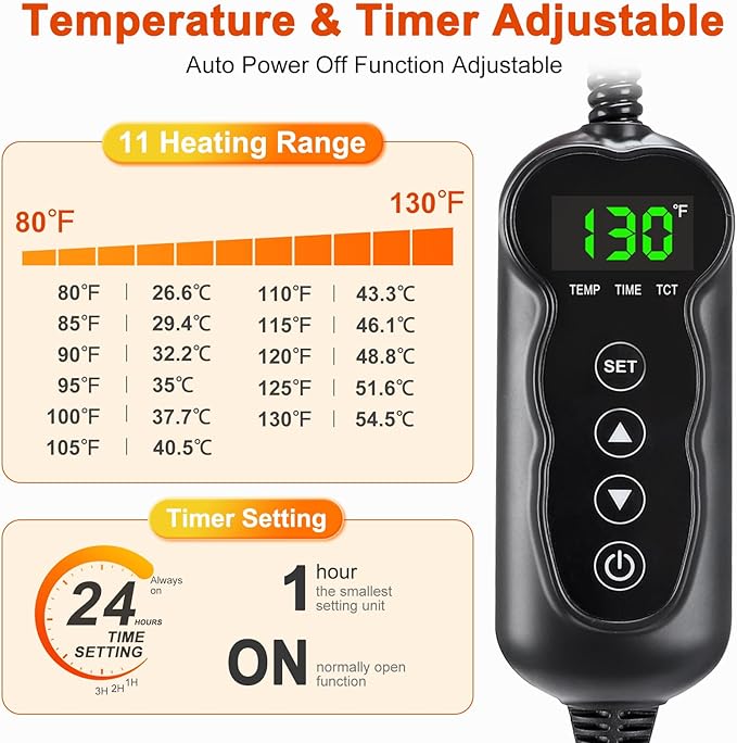 Pet Heating Pad, Waterproof Heated Dog Cat Bed with 11 Adjustable Temperatures & 24H Timer, Auto Shut-Off, Chew-Resistant Cord, Washable Cover, Indoor Electric Heating Mat, Grey, M(28" x 20")