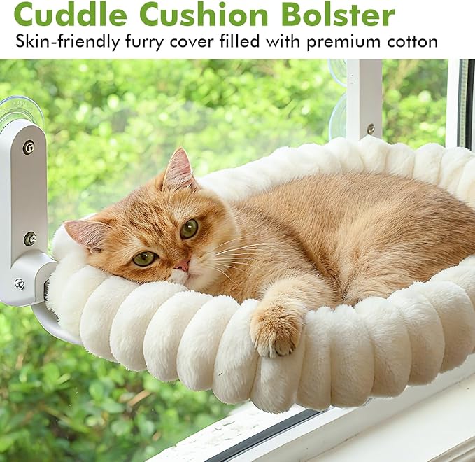 Cat Window Perch with Bolster, Cordless Foldable Cat Window Hammock with Strong Suction Cups & Metal Frame, Machine Washable Pet Bed for Indoor Cats (White, Medium)