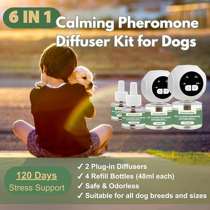 Dog Calming Pheromone Diffuser Kit with Timer – 2 Plug-Ins + 4 Refills – Smart 4-Level Timing Calming Aid – Stress Relief for Dogs – Help with Anxiety, Barking, Fighting, Thunder, Travel, Vet Visits