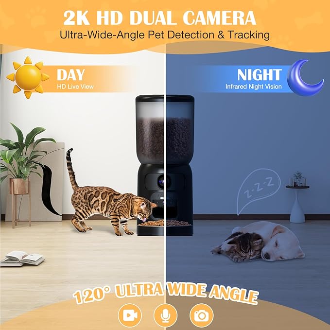 Automatic Cat Feeder with 2K HD Dual Cameras, 2.4/5G WiFi 6L Feeder, Pet Feeder Automatic for Cats & Dogs, Cat Food Dispenser with Cameras, Laser Interactive Toy & Night Vision(Black-Dual Cameras)
