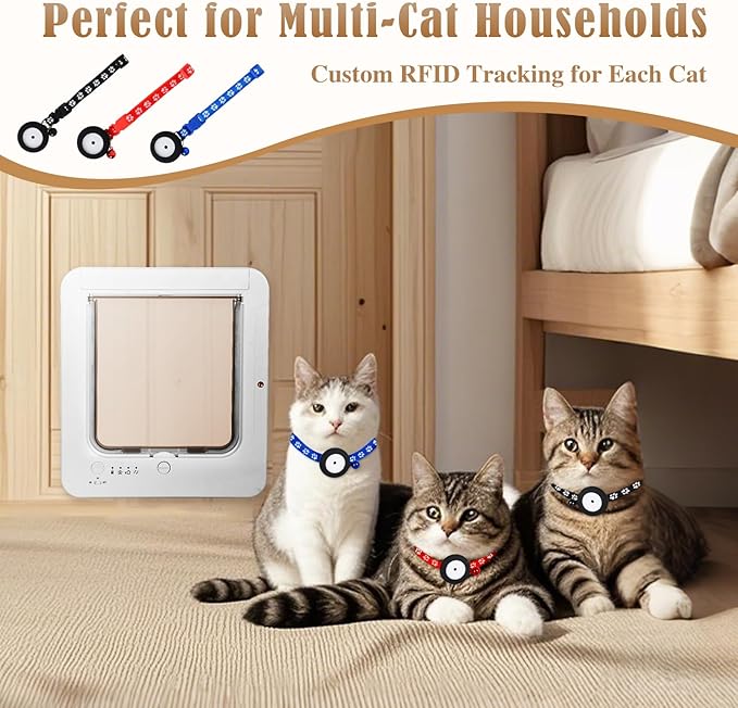 Smart Cat Door for Interior & Exterior, Flap Opening is 7.67’’ (H) by 7'' (W), Microchip Cat Pet Door with 3 RFID Collar Sensor Keys & 1 Remote & 4 Way Locking Cat Flap, Automatic Opening Cat Door