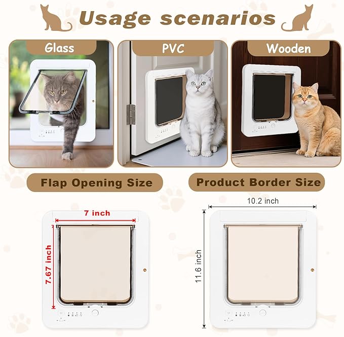 Smart Cat Door for Interior & Exterior, Flap Opening is 7.67’’ (H) by 7'' (W), Microchip Cat Pet Door with 3 RFID Collar Sensor Keys & 1 Remote & 4 Way Locking Cat Flap, Automatic Opening Cat Door