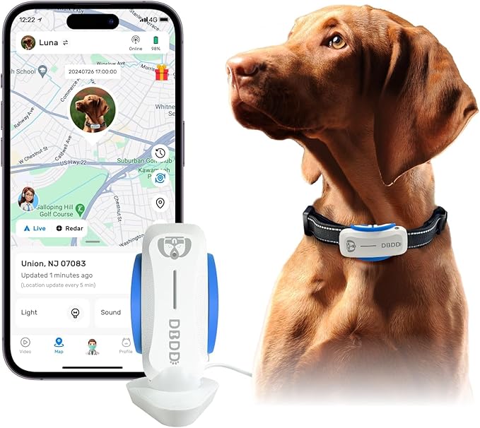 Dog GPS Tracker, Smart Waterproof Tracker with Real-Time Location, Escape Alerts, Activity Monitor, iOS & Android Compatible, for Dogs 40 lbs+ (White)