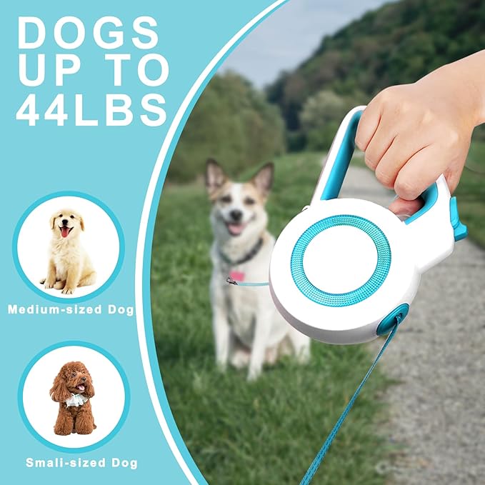 16Ft Retractable Dog Leash,Night Reflection,Light Weight Leash for Small to Medium Dogs/Cats,Stainless SteelSpring,Strong Nylon Tape,One-Handed Brake(Blue-White)