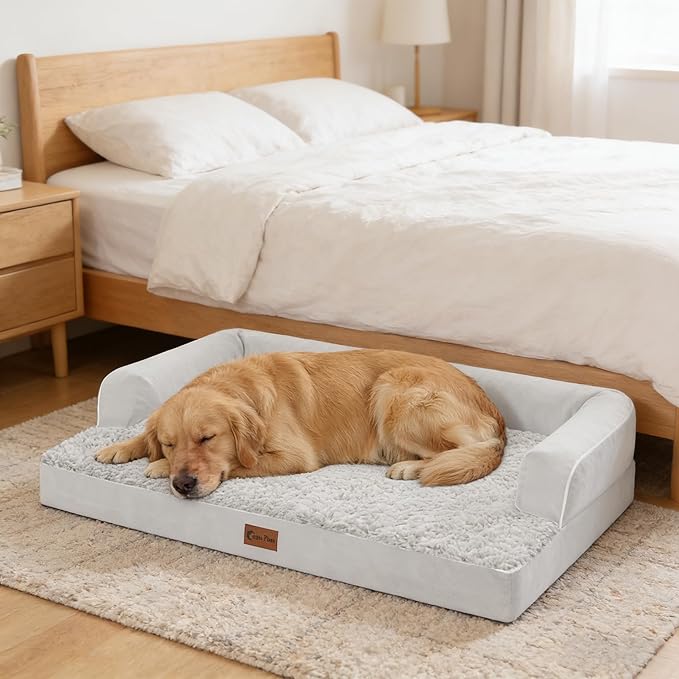 Orthopedic Dog Beds for Extra Large Dogs, Waterproof Egg Crate Foam XL Dog Bed with Sides 41x27Inch, Washable Big Dogs Couch Beds with Removable Cover and Nonskid Bottom, Grey White