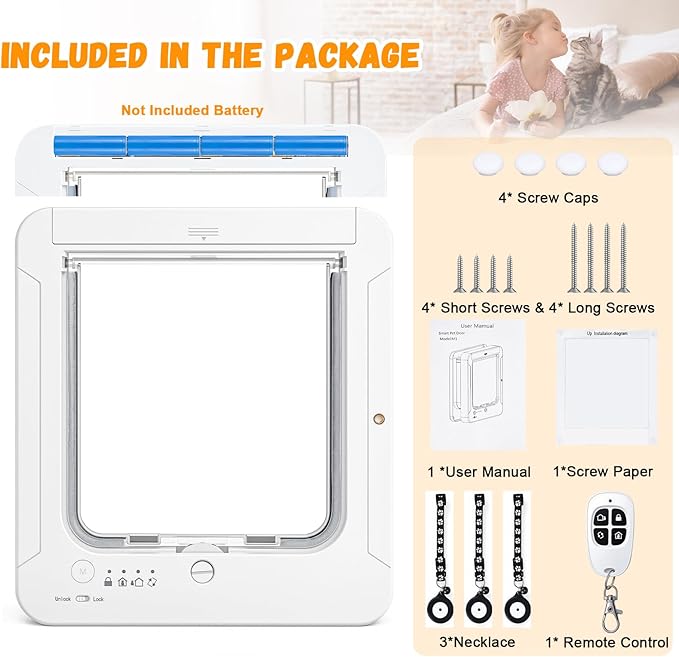Smart Cat Door for Interior & Exterior, RFID Cat Pet Door with 3 Collar Sensor Keys & 1 Remote Control & 4 Way Locking Cat Flap with Collar Sensors Activated Opening CatDoor (White)
