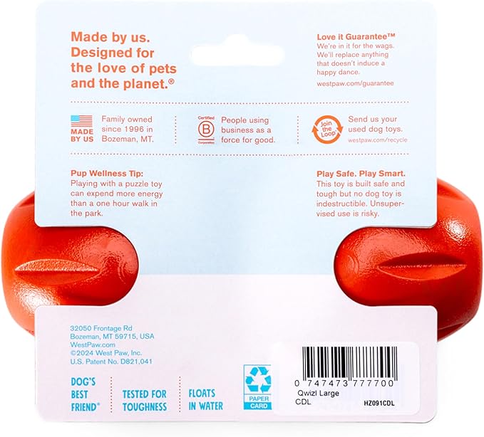 West Paw Qwizl Treat Dispensing Dog Toy for Tough Chewers- Durable Long Lasting Chew and Fetch Toy Keeps Dogs Engaged- Dishwasher Safe Safe Materials Made in USA - Cardinal Red, Large