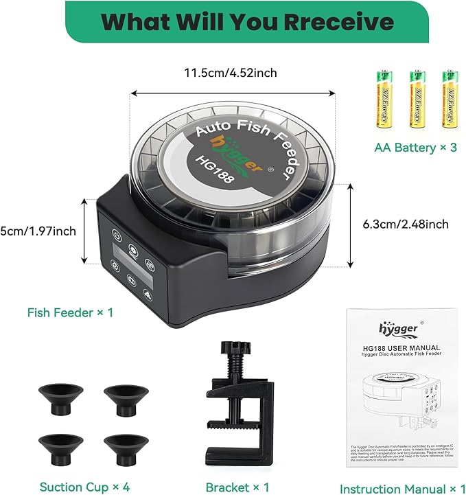 hygger Automatic Fish Feeder for Aquarium: Auto Fish Food Dispenser with LED Display & Timer, Aquarium Vacation Feeder with 3 AA Batteries for Betta Turtle Goldfish