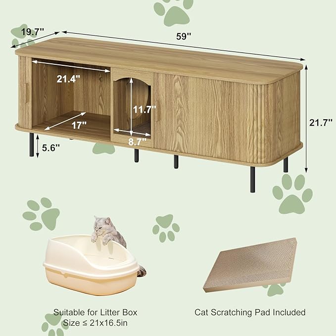 Double Cat Litter Box Enclosure Furniture, 59" Large Hidden Litter Box Furniture with Scratching Pad, Wood Pet House for 2 Cats, Indoor Modern Cabinet TV Stand for Living Room, Natural