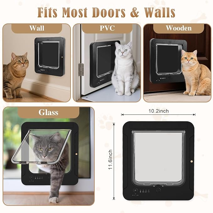 Smart Cat Door for Interior & Exterior, Flap Opening is 7.67’’ (H) by 7'' (W), RFID Cat Pet Door with 3 RFID Collar Sensor Keys & 1 Remote & 4 Way Locking Cat Flap, Automatic Opening Cat Door (Black)
