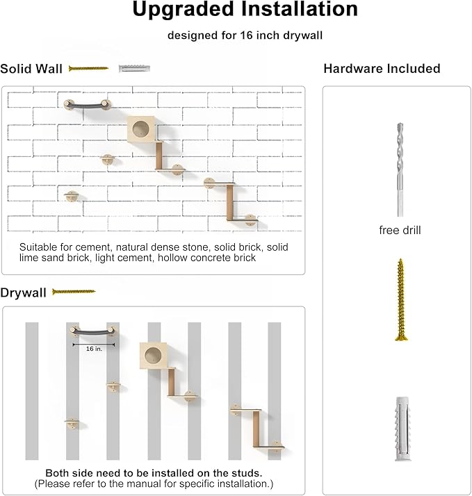 FUKUMARU Cat Wall Shelves, 5-Piece Stable Wooden Wall-Mounted Furniture Set, Kitty Climber with Hammock, House, Steps, Scratching Post (Gray)