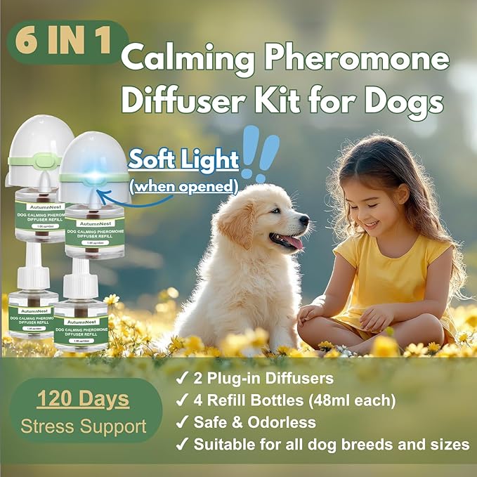 Dog Calming Pheromone Diffuser Kit, Pet Diffuser for Stress Support, Reduces Stress and Promotes Relaxed Behavior, 2 Plug-in & 4 Packs Refill, 120 Day Supply (Non-Toxic, Safe & Inedible), with Light