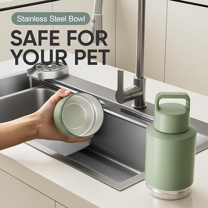 Insulated Dog Water Bottle with Travel Bowl, Dog Lover Gift, Portable Water Bottle Dispenser, Accessories for Car, Hiking, Camping, Outdoor, Leak-Proof, Detachable (Sage Green)