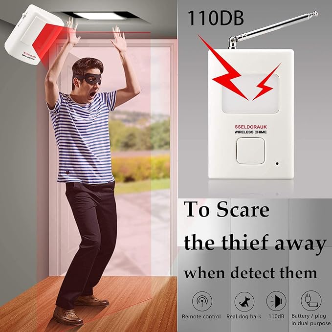 Dog Barking Alarm Motion Detector,Pir Wireless Human Body Walking Sensor Doorbell Door Security Alert System Device for Home or Office Burglar Deterrent (2Sensors + 1Receiver, White)