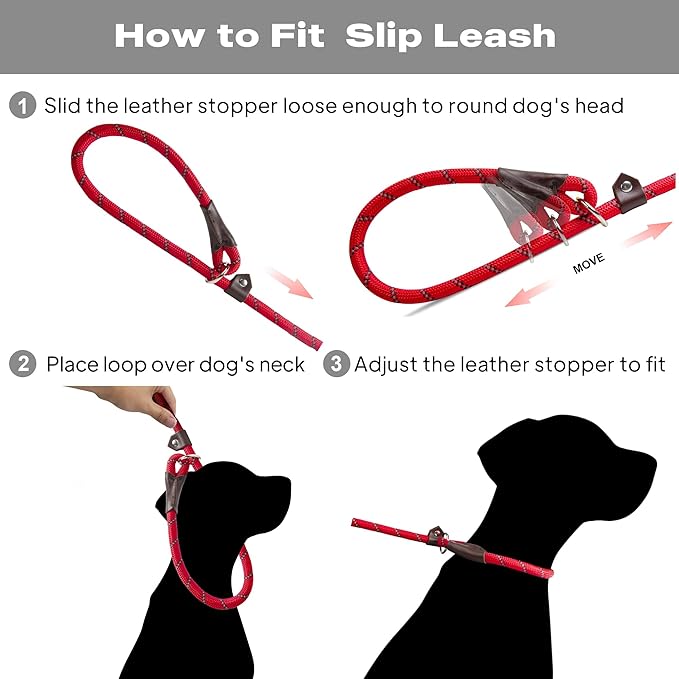 TwoEar Dog Slip Rope Leash - 6FT Heavy Duty Training Leash with Reflective Threads for Small to Large Dogs (Slim, Red)