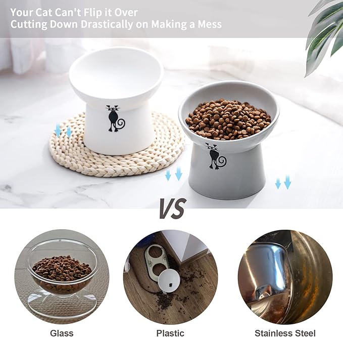 OMAYKEY Ceramic Raised Cat Bowls, Tilted Elevated Cat Food Bowl Set for Cat & Small Dog, Reduce Vomiting and Protect Pets' Spines Dishes Feeder, Lead & Cadmium Free, White & Grey, Set of 2