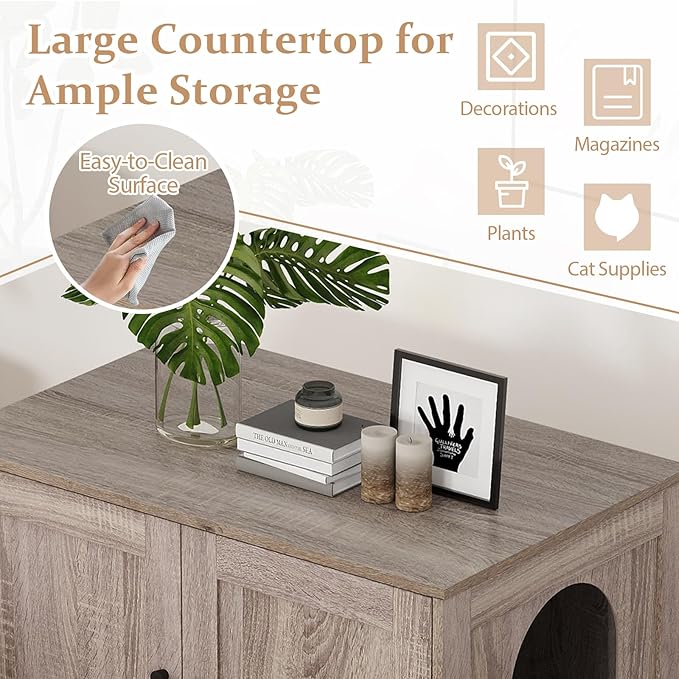 Tangkula Cat Litter Box Enclosure, Wooden Kitty Washroom Cabinet w/Winding Entry & Cat Hole, with Divider, Hidden Double Enclosed Litter Box Furniture for Living Room, Bedroom, Entryway (Grey)