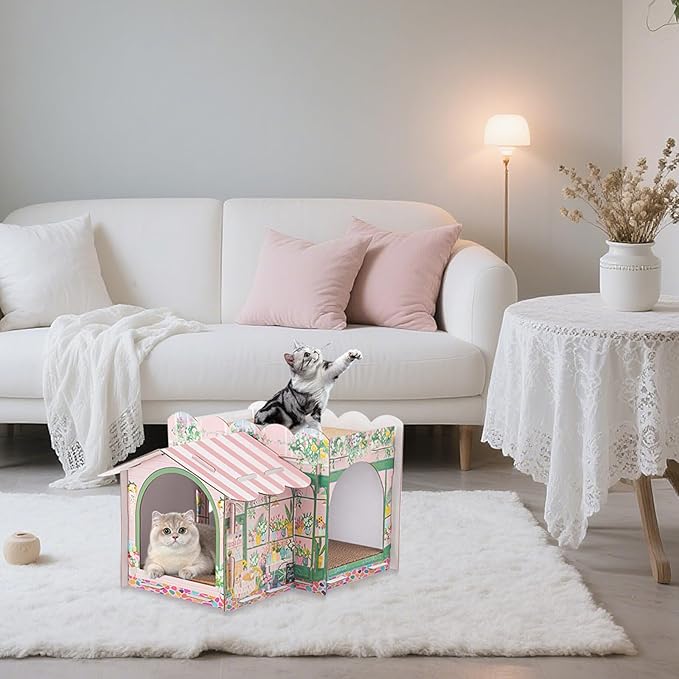 2 Story Cardboard Cat House with Scratcher Pad for Small Kitten,17x12x10 Multi Level Durable Cat Condo & Villa for Bunny Rabbit Small Animals Christmas Birthday Gift(Florist)