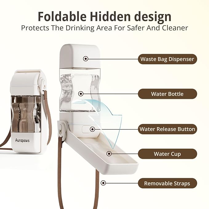 Dog Water Bottle, Portable Water Dispenser, Foldable Dog Bowls, Leak-Proof Pet Water Bottle with Poop Bag Dispenser, Puppy Essentials for Dogs On The Go Walking Hiking Travel, 13.5oz