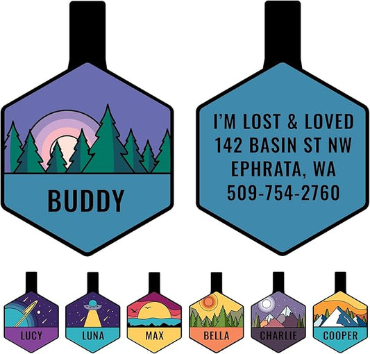 GoTags Silent Dog Tag, Personalized Engraved Hexagon Silicone Dog and Cat Name Pet ID Tags, Soundless No More Jingling Dog Tags with Design (Forest, Purple)