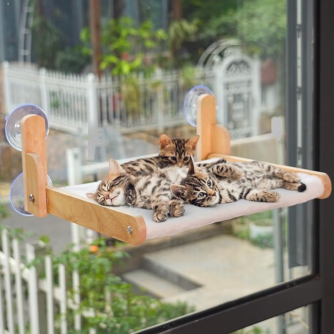 Cat Window Perch with Wooden Frame – Aloxina Foldable Cat Hammock Bed for Indoor Cats, Soft Rabbit Fur Cover, Washable, Strong Suction Cups, No Drilling, Supports Large Cats