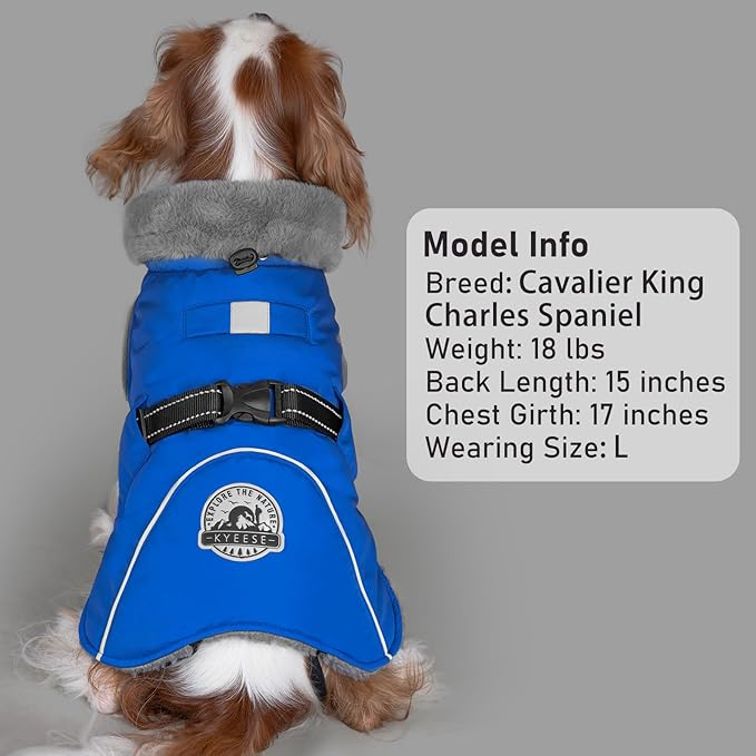 KYEESE Waterproof Dog Coat, Windproof Pet Jacket with Thick Fleece Lining, Extra Warm High Collar Dog Coats for Medium to Large Dogs with Leash Hole and Reflective Strips, Blue, XX-Large