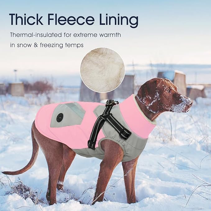 IECOii Large Dog Coat with Harness Built in - Pink, Large - Waterproof Windproof Dog Winter Coat, Fleece Lined Zip Snow Jacket for Dogs Thermal Outdoor Snowsuit Cold Weather Jackets Bulldog